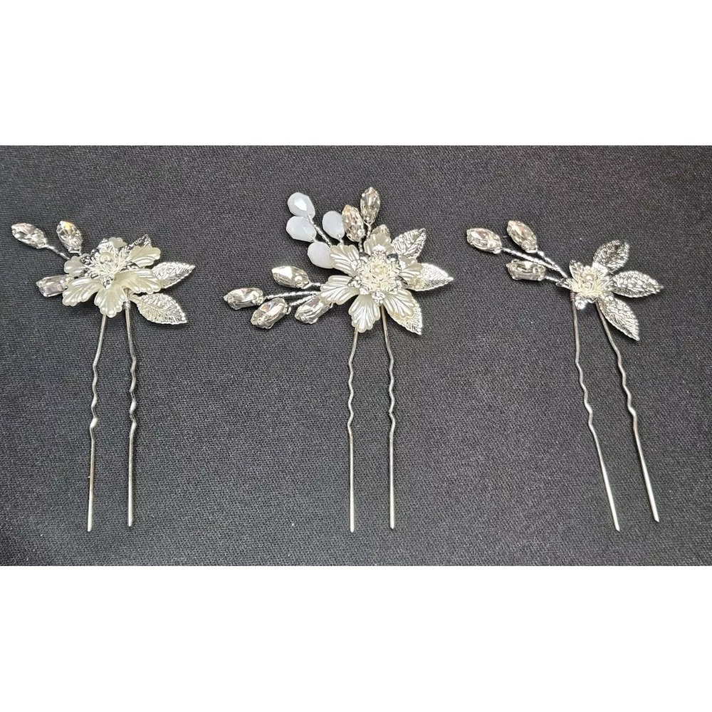 Metal Silver/White Flower/Rhinestones Set Of 3 Wedding Hairpin Set, Bridal Hair